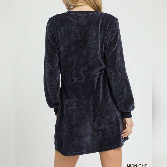 Comfy Fun Dark Blue Velour Dress Drawstring Waist & Pockets S M L - Picture 4 of 9